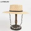 Large bord chapeaux seau femmes perle chaîne parasol chapeau mode paille soleil dames été plage en gros 231213