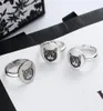 Europe America Retro Lady Women mässing Silver Plated Graved Cat Head G Letter Round Disk Rings Size689234372