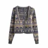 Women's Knits Spring Winter Women Jacquard Knit Cardigan Square Neckline Long Sleeves Retro Casual Vintage Sweaters