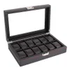 Outad 12 emplacements en fibre de carbone Boîte de bijoux de bijoux affichage dispositif de rangement rectangle en cuir noir cas275y