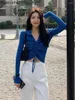 Women's Sweaters French Drawstring Waistband Knitted Sweater For Autumn And Winter Short Blue Chic Pullover Top Female Clothing