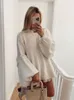Chic Quested Lantern Long Rleeve Mohair Pullover Women Solid Patchwork Lose O Dekolt Wool Sweters Autumn Warm Streetwear