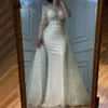 2024 Vestido de fiesta de noche de princesa de lujo Mangas largas Lentejuelas con cuentas Tren desmontable Sirena Vestidos formales de fiesta Árabe Dubai Robe De Soiree