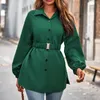 Kvinnors blusar 2024 Spring Elegant Solid Color Lapel Lantern långärmad skjorta modebälte midja