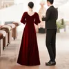 Ethnische Kleidung Burgund Chinesische Braut Hochzeit Cheongsam Dame Sexy Perlen Kleider 3/4 Ärmel V-Ausschnitt Qipao Velours Traditionelle Vestidos De