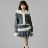 Robes de travail Sweet Girl Costume Femmes Hiver Vintage Denim Col De Fourrure Manteau Taille Haute A-ligne Mini Jupe Deux Pièces Ensemble Vêtements Féminins