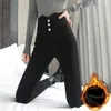 Calças femininas outono inverno moda coreana cintura alta botão estiramento lápis feminino preto casual pelúcia leggings magros pantalones