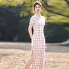 Ethnic Clothing Plaid Style Cheongsam Young Lady 2023 Girl Long Temperament Chinese Retro Daily Spring Autumn Improved Qipao Dress