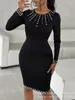 Abiti casual Perle Borchiate Abito da lavoro Donna Che borda Mini Girocollo Slim Fit Vita alta Splice Nero Party Autunno Estate 2023