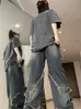 Женские джинсы брюки-карго уличные свободные большие размеры со вставками в виде пентаклей с необработанным подолом 2023 винтажные синие женские джинсовые брюки в стиле хип-хоп 2312012