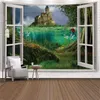 Gobeliny imitacja okna krajobrazu wodospad Tabel Tapestry Wiszący Tropikalne drzewo gobelinu sztuka dekoracja domu morze wschód słońca