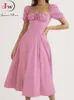 Basic Casual Dresses Elegant off shoulder pink women summer long dress Puff short sleeve slash neck solid aline split beach party sundress S3XL 231212