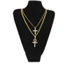 Gold Silver Egyptian Ankh With Cross Necklace Set Bling Rhinestone Crystal Key Cross Necklaces Hip Hop Jewelry Set7423228