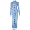 Повседневные платья Joskaa, джинсовое облегающее платье макси с 3D принтом, женское хипстерское сексуальное тонкое платье с круглым вырезом и длинным рукавом, весна 2024, уличная одежда в стиле Харадзюку
