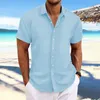 Camisas casuais masculinas 2023 algodão e linho listrado jacquard camisa de manga curta verão cor sólida estilo praia estilo