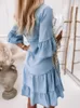 Basic Casual Dresses Spring Summer Light Blue Shirt Dress Office Ladies ALine Solid Midi Ruffled Hem Denim Skirt Loose 231212