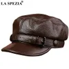 Berets LA SPEZIA 2024 Brand Military Hat Sailor Men Brown Genuine Cow Leather Winter Baker Boy Caps Male Belt Top Quality Captain 231213