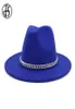 FS Women Fedora Wool Hat Autumn Winter Gentleman Triby Felt hattar för män Fashion Royal Blue Jazz Hats med kedja CX2008198408529