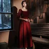 Abbigliamento etnico elegante colletto quadrato Burgundy High Waist A-Line Abito da sera Cheongsam con cerniera prigioniera del prigioniera di fomail abito vestidos de noche