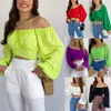 Kadın Tişörtleri Gömlek Avrupa ve Amerikan Bluz Düz Renk Mahsul Fener Kollu Bir Çizgi Yakası Seksi Dantel Up Puffy