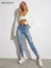 Women's Jumpsuits Rompers Light Blue Sexy Skinny Women Jeans Stretch Butt Lift Ripped Hole Denim Pants Lady Clothes Girls Tight Trousers Y2K Streetwear 231213