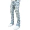 Jean pour hommes pantalons empilés Hirigin coupe régulière Patch en détresse détruit pantalon en Denim droit vêtements de rue Jean décontracté