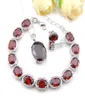 Luckyshien Oval Red Garnet Gemsブレスレットスタッドペンダントセット925女性のためのシルブネックレス