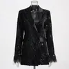 Maßgeschneiderte Jacke für Damen, schwarz, mit Pailletten, mittellang, Strauß, glänzend, Party-Blazer, Oberteil, Kleidung