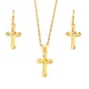 24 k Amarillo Oro fino GF Pequeño Mini Sello fiscal Cruz Colgante Cadena Pendientes Conjunto Joyería cristiana Conjuntos Mujer Chica Jesús Gift236g