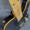 Chitarra elettrica nera opaca personalizzata con rilegatura gialla ponte tremolo Floyd Rose Tastiera gialla vintage con intarsio a punti battipenna nero