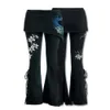 Jeans pour femmes noir brodé bandage décontracté évasés punk dentelle haut cloche bas jambe rétro poche solide automne Y2K pantalon 231213