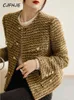 Womens Wool Blends CJFHJE Gold Short Woolen Coat Autumn Winter Korean Fashion Tweed Elegant Retro Female OL Outwear Jacket 231212