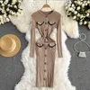 Women's elegant unique long sleeved sexy tight fitting dress retro Korean fashion knitted tight vest autumn and winter sweater 231213