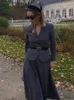 Etnische kleding TRAF Grijs Midi A-lijn Rokkostuums voor dames Elegant Hoge Taille Cape Lang 2024 Dames Chique Revers Wolmix Knopenblazersets 231213