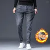 Jeans masculinos inverno homens velo negócios casual estiramento fino ajuste denim cowboy estudante calças masculino clássico grosso calças quentes