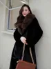 Damesbontmode faux jassen voor dames elegante grote kraag lange jassen Koreaanse vintage zwarte warme overjassen winter