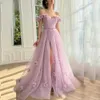 Luxury 3D Flowers Light Pink Prom Party Dress Women Princess Off the Shoulder High Split Evening Birthday Formal Gown Open Back Floor Length Robe De Soiree