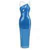 Casual Dresses Sexy High Split Strap Sequin Midi Dress Blue Long Skir Slim Shiny Party Prom Maxi Oblique Neck Luxury Formal