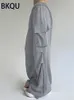 Damenhosen S BKQU Graue Stricktaschen Cargo Frauen 2023 Herbst Hohe Taille Gerade Breites Bein Jogginghose Lässige Kordelzug Jogger Hosen 231213