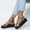 Sandals Ladies Fashion Summer Canvas Colorful Tie Dye Round Toe Wedge Platform Strapped Women Heels