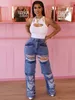 Combinaisons pour femmes barboteuse jambe droite déchiré jean mode rabat poche Baggy pantalon Vintage rue Hip Hop Denim pantalon Mujer 231213