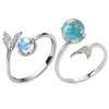 Anéis de cluster criativo sereia espuma para mulheres temperamento azul cristal fishtail abertura ajustável festa na moda jóias