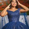 Bleu marine brillant perles De cristal dentelle Quinceanera robes robe De bal hors De l'épaule avec Cape doux robes De 15 filles