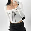 Women's T Shirts Sweet Age Reducing Lace Tied Bottom T-shirt Spring/Summer Women Tops Square Neck Sexy Exposed Navel Slimming Short Pure
