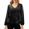 Women's Blouses Long Sleeve Blouse Elegant Sequin Patchwork V Neck For Women Hollow Out Lantern Pullover Soft Breathable Spring