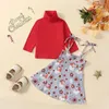 Комплекты одежды Pudcoco, детский рождественский наряд для девочек, футболка с высоким воротником и длинными рукавами, платье-комбинация с цветочным принтом Санта-Клауса, осень, От 3 до 6 лет