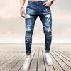 Hommes peints Stretch Skinny Jeans Slim Fit déchiré en détresse plissé genou Patch Denim pantalon marque pantalon décontracté pour hommes 220408