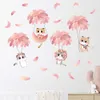 Hand-paint Pink Feather Balloon Cute Cats Cartoon Wall Stickers for Kids Room Baby Nursery Wall Decals Home Decorative Stickers