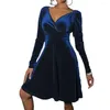 Casual Dresses Autumn Winter Women Velvet Dress V-neck Long Sleeve Christmas Gown High Waist A-Line Party