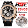 RSF 44 mm A3126 Automatik-Chronograph Herrenuhr, zweifarbige Lünette aus 18 Karat Roségold, schwarzes Keramikgehäuse, strukturierte Zifferblatt-Nummernmarkierungen Rubbe288f